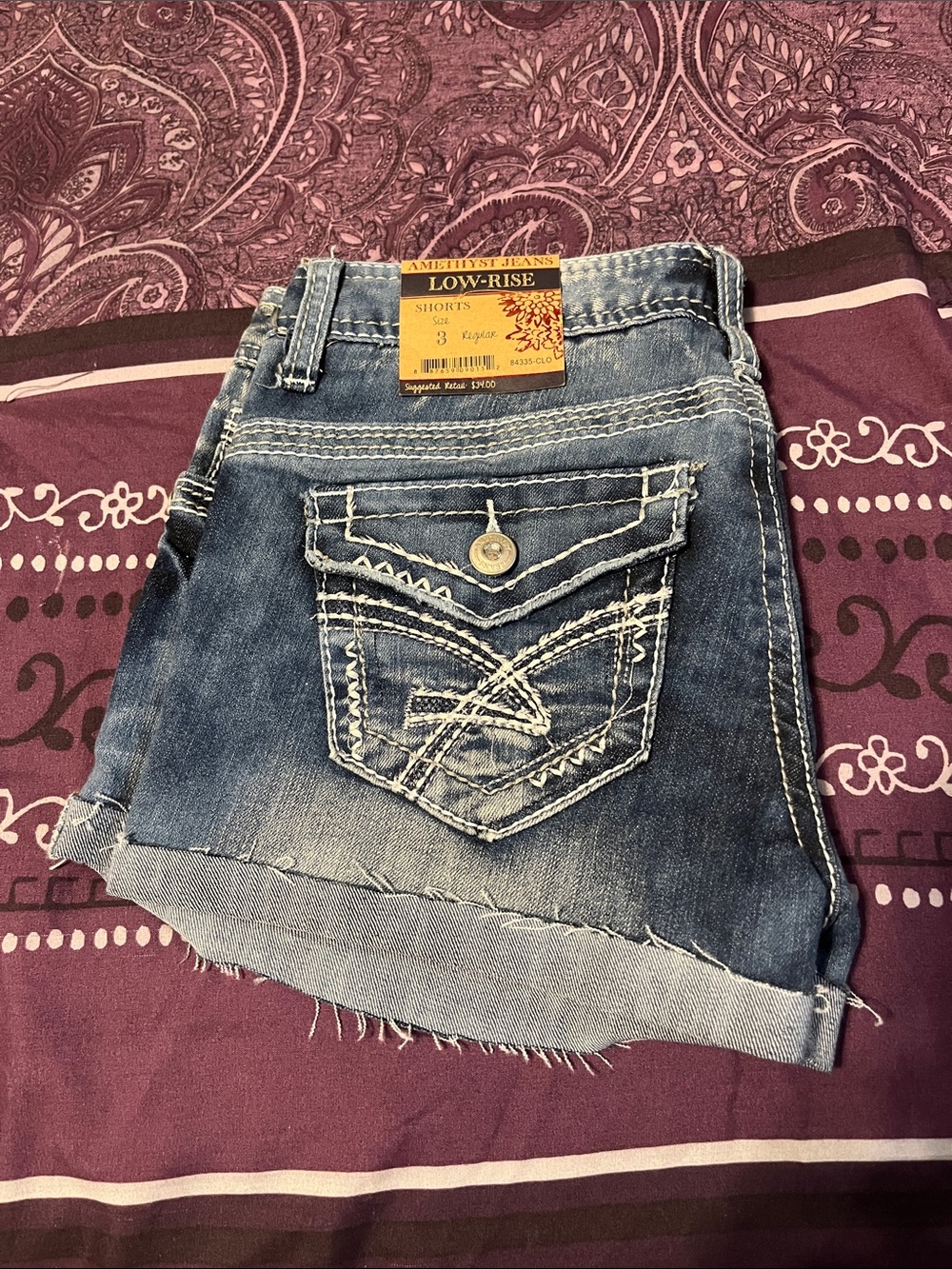 Amethyst Jeans Blue Distressed Low-Rise Denim Shorts with Decorative Pocket
